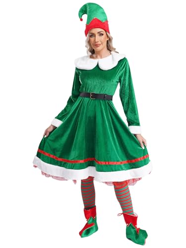 Freebily Costume da Elfo Donna Costume Babbo Natale Vestito Natalizio con Cintura Cappello Calze Scarpe Abito di Flanella Set di Mrs Claus Costume Carnevale Natale Halloween Verde XL