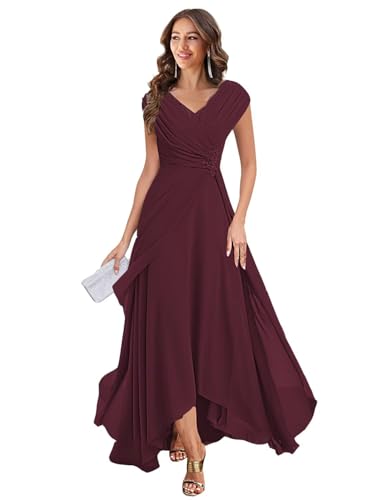 Women's V Neck Mother of The Bride Dresses Cap Sleeves Chiffon Pleated Mother Groom Dresses DK0074