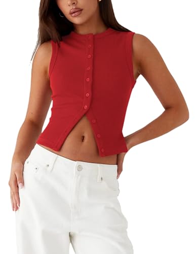 Image of Bozanly Womens Button Down Ribbed Tank Top Summer Sexy Sleeveless Slim Fit Y2k Crop Going Out Tops(0947-Red-XS)