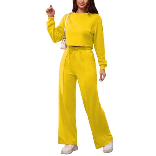 PINSV Women's 2 Piece Outfits Sweatsuit Set Long Sleeve Crop Top Drawstring Wide Leg Pants with Pockets Tracksuits Casual Set2