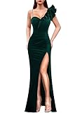 VFSHOW Womens Ruffle One Shoulder Strap Ruched Formal Prom Wedding Maxi Dress V Neck Elegant Split Cocktail Evening Long Gown (Dark Green Velvet, Large) 10787 DGRN L