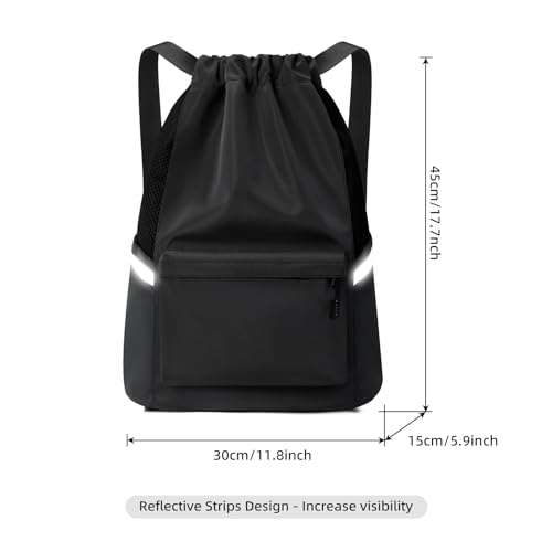 Valleycomfy Drawstring Backpack Sports Gym Backpack with Reflective Strips Water-Resistant String Beach Bag for Men Women Black - Image 3