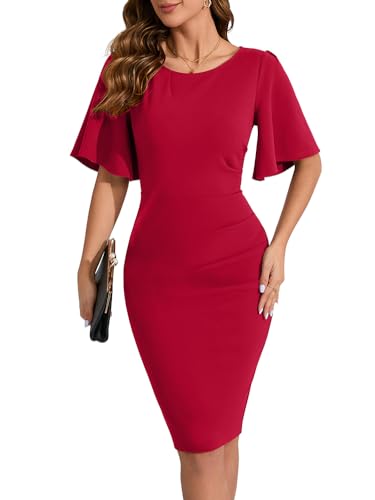 Image of IHOT 2024 Women's Vintage Ruffle Short Sleeve Ruched Bodycon Cocktail Party Work Dress
