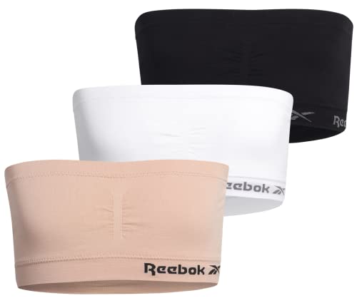 Reebok Girls' Bralette - Seamless Strapless Bandeau with Removable Pads (3 Pack), Size Medium, Rose/White/Black
