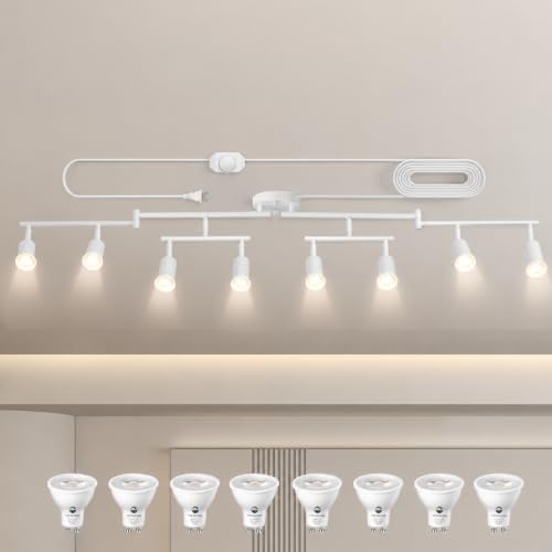 Image of Dimmable Plug in Track Lighting,Plug in Ceiling Light Fixture,White 8 Light Track Light with 16.4' Long Cord,Dimming Switch,8 Way Ceiling Spotlight,Rotatable,LED Bulbs Included