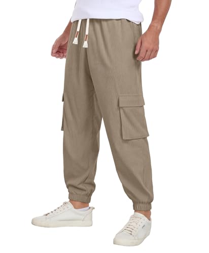 Askdeer Mens Corduroy Joggers Pants Casual Cargo Pants Drawstring Elastic Waist Baggy Tapered Sweatpants with 5 Pockets Khaki