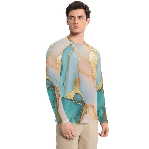 Marble Turquoise Blush Men's Rash Guard Shirts Loose Crew Neck Elasticity Mens Sun Protection Long Sleeve Summer3