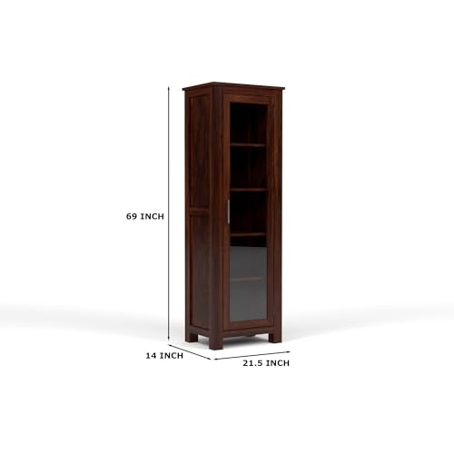 Image of Solid Sheesham Wood Bookshelf with Acrylic Glass Door | Rosewood Kitchen Cabinet with Storage Shelves for Dining Room & Office (A-Walnut Finish)