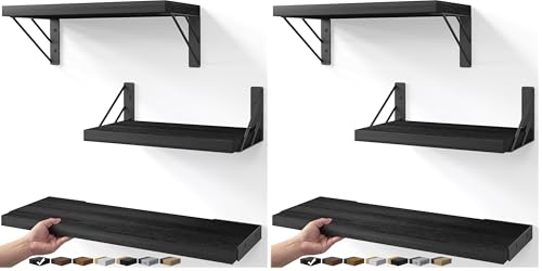 Image of BAYKA Wall Mounted Floating Shelves, Wood Floating Wall Shelf for Books & Decor, Small Space-Saving Display & Organizer（Black，Set of 3） (Pack of 2)