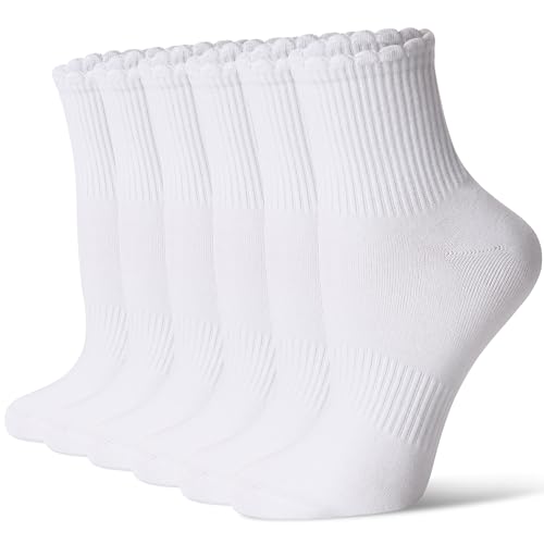 CS CELERSPORT Mini Crew Ankle Socks for Women With Scalloped Top Design Casual Cotton Socks 6 Pairs White Small
