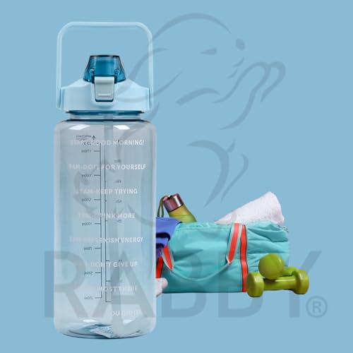 Image of RABBY 2L Motivational Water Bottle for Kids & School Use | Time Marker, BPA-Free, Leakproof Straw Lid, Carry Strap | Plastic Water Bottle for Travel, Sports, Gym, Office (Sky Blue 1Pcs)