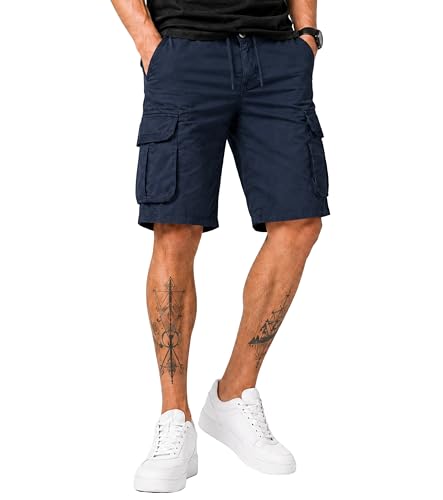 Image of L'MONTE Men's Imported Cotton Casual Relaxed Fit Outwear Cargo Shorts with Expandable Elastic Waist and Multi Pockets