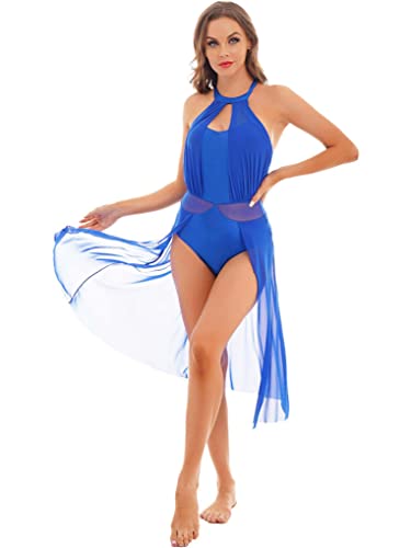 JanJean Womens Sheer Mesh Patchwork Rhinestone Dance Dress Halter Backless Cut Out Lyrical Costumes Royal Large