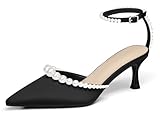 Coutgo Womens Pearl Kitten Heels Closed Pointed Toe Wedding Bride Dress Shoes Ankle Strap Satin Pumps, Black, Size 7