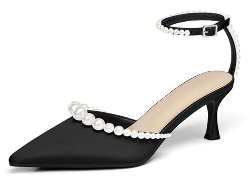 Image of Coutgo Womens Pearl Kitten Heels Closed Pointed Toe Wedding Bride Dress Shoes Ankle Strap Satin Pumps