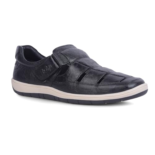 Image of Lee Cooper Men's Leather Comfort Sandal Shoes with Velcro Strap Closure, Breathable Cut-Out Design, Cushioned Insole & Lightweight Flexible Sole - Casual Everyday Walking Footwear | BLACK,