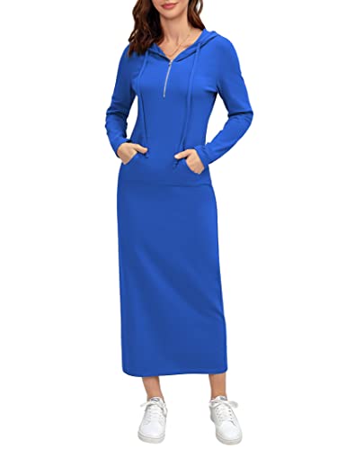 Image of MISSKY Women Casual Pocket Quarter-Zip Neck 3 /4 Sleeve Slim Split Pullover Hoodie Maxi Dress