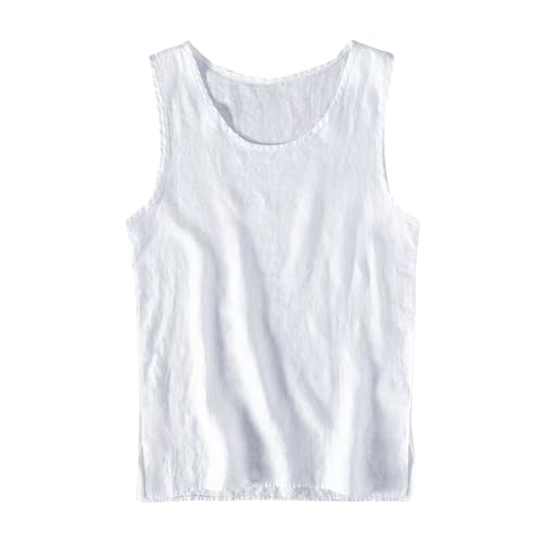 Men's Summer Retro Linen Undershirts Loose Casual Vests Breathable Tank Tops Comfortable Stylish for Warm (White, M)