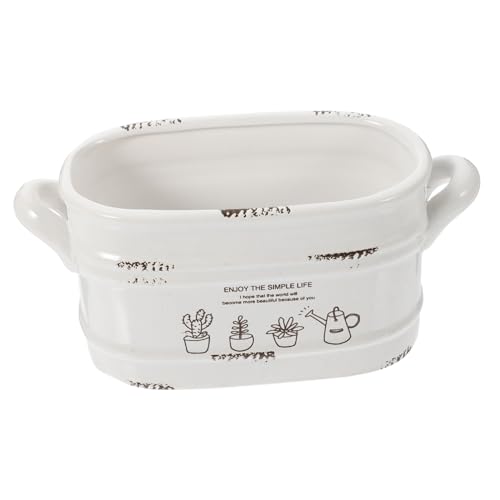 AKOOSY Vintage Weißer Keramik Blumentopf mit Ablaufloch Ovaler Übertopf für Sukkulenten und Kleine Pflanzen Vielseitiger Indoor Gartenkübel Stilvolle Deko für Zuhause und Geschenkideen