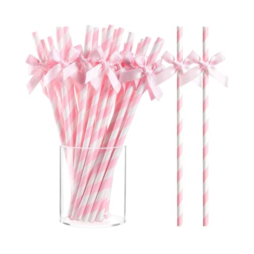 50 Pitillos de Papel Rayados con Moño Rosa miniatura 1