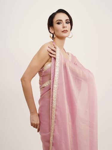 Image of ORHANS Women's Chiffon Saree with Unstitched Blouse Piece Solid Pattern and Laced Border | Lightweight Sarees for Woman | Plain Saris Daily Use | Womens Saree Modern Pattern| Stylish Saree