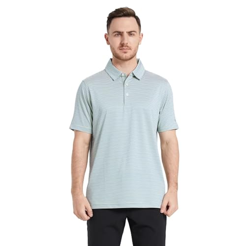 Image of Mens Golf Shirt Moisture Wicking Dry Fit Performance Sport Short Sleeve Striped Golf Polo Shirts for Men