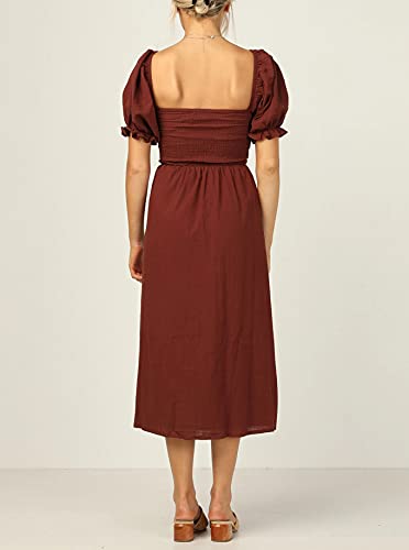 R.Vivimos Summer Dress for Women Cotton Plaid Puff Sleeves Casual Off-Shoulder Boho Side Slit Midi Dress4