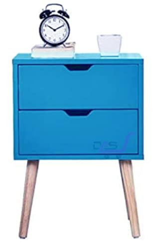 Image of Brown Art SHOPPEE 2-Drawer End Side Table with Drawer and Solid Wood Legs, Bedside Table for Bedrooms, Mid-Century Modern Drawer Storage Cabinet for Bedroom & Furniture (Blue)