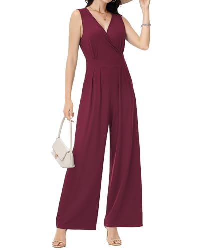 Tanmolo Damen Jumpsuit Elegant Festlich Sommer Ärmellos Overall Weites Bein Romper Mit Taschen Kurz Weinrot, M