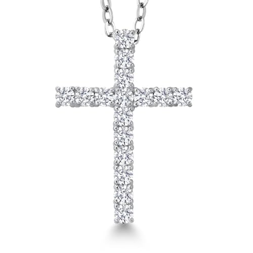Gem Stone King White Lab Grown Diamond Cross Pendant Necklace for Women | 0.70 Cttw | 925 Sterling Silver | DEF Color | VVS-VS Clarity | 3/4 Inch | With 18 Inch Chain