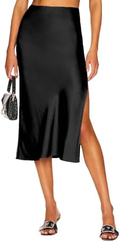Saia midi feminina de cetim com fenda de cintura alta rodada casu...