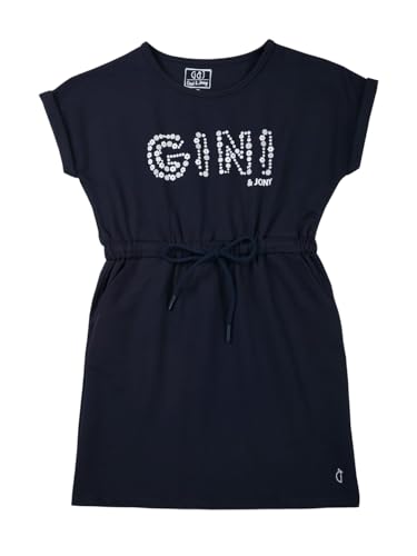 Image of Gini and Jony Girls Navy Blue Typographic Print Cotton Short Sleeves Dress