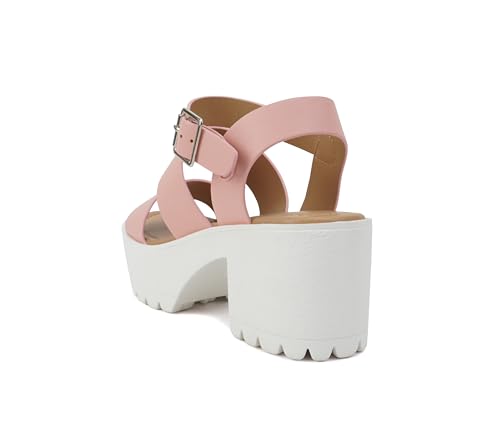 Image of Soda ACCOUNT ~ Women Open Toe Two Bands Lug sole Fashion Block Heel Sandals with Adjustable Ankle Strap