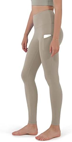 ODODOS Women's High Waisted Yoga Leggings with Pockets,Tummy Control Non See Through Workout Athletic Running Yoga Pants, Full-Length, DarkBeige,Medium
