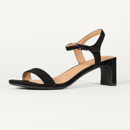 Amazon Essentials Women's Ankle Strap Low Heel Sandals, Black Faux Suede, 7.5