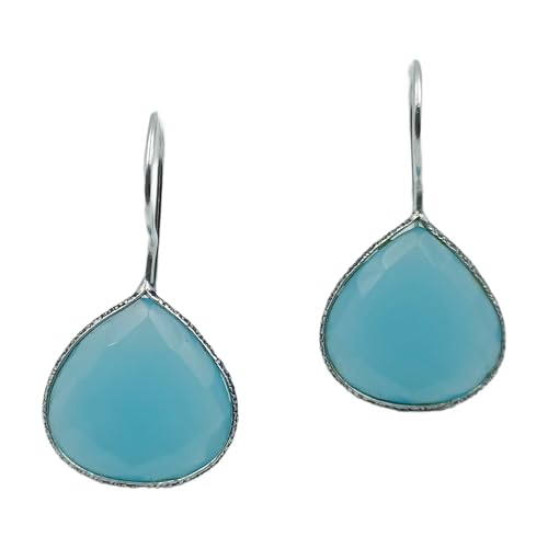 Teardrop Aqua Blue Chalcedony Dangle Earrings | Silver-Toned Hook...
