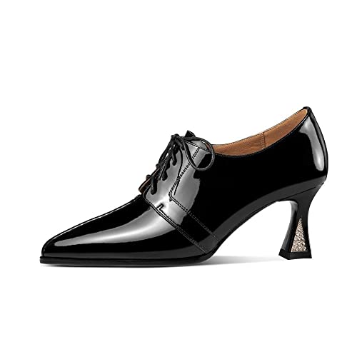 TinaCus Handmade Women's Patent Leather Pointed Toe Front Lace Up Mid Spool Heel Shoes2