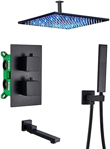 Rubinetto per doccia termostatico nero opaco per bagno Soffione doccia a pioggia Rubinetto per vasca da bagno a soffitto Miscelatore per vasca da bagno Set doccia a parete, soffitto 16 pollici, 3