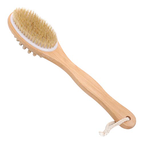Bath Scrubber Body Brush with Soft and Stiff Bristles, 100% Natural Bristles Body Massager, Shower Scrubber Back Brush with Long Handle, Perfect for Exfoliating and Promote Blood Circulation