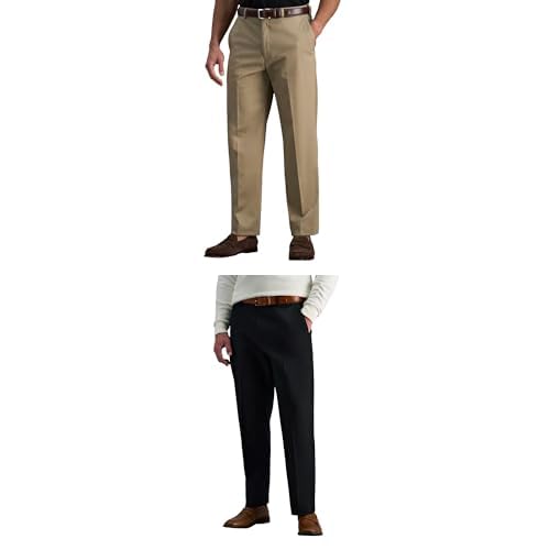 Bundle of Haggar Mens Premium No Iron Khaki Classic Fit Expandable Waist Flat Front Casual Pants, Khaki, 36W x 34L US + Black, 36x34