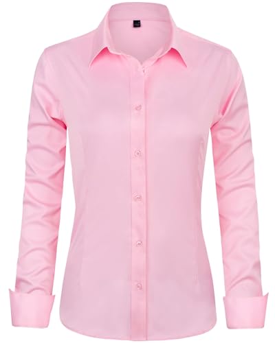 J.VER Bluse Damen Elegant Klassische Businesshemd Comfort Fit Faltenfrei Atmungsaktiv Shirts für Büro Arbeit Shirt Knitterfreies Hemdbluse,Rosa,L