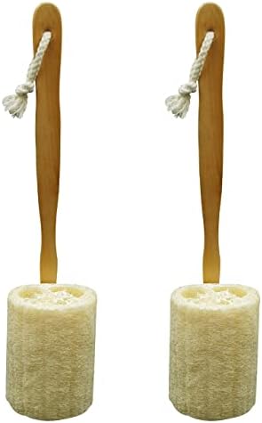 Natural Exfoliating Loofah Luffa Loofa Back Sponge Scrubber Brush with Long Wooden Handle Stick Holder Body Shower Bath Spa Pack of 2