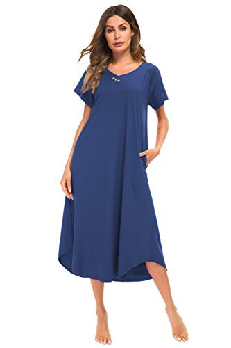YOZLY Nightgowns for Women Soft Night Gown Short Sleeve House Dress Navy Blue, X-Large