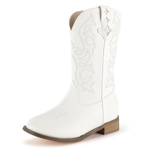 PANDANINJIA Girls Cowgirl Boots Kids Toddler Cowboy Boots Round Toe Mid Calf Western Riding Booties Shoes