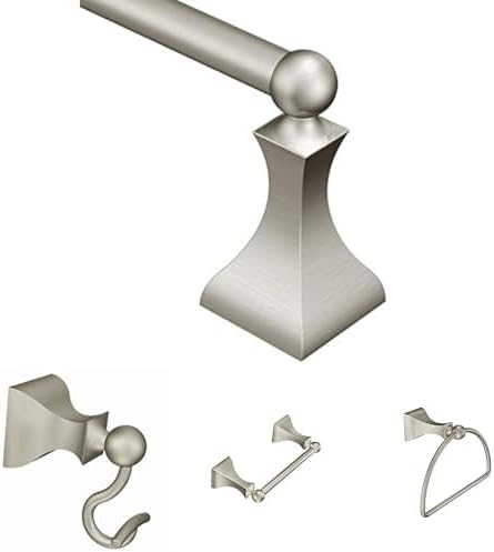 Moen Retreat Bath Accessory Bundle - Includes 18-Inch Towel Bar DN8318BN, Robe Hook DN8303BN, Double Post Pivoting Toilet Paper Holder DN8308BN, and Bathroom Hand Towel Ring DN8386BN, Brushed Nickel