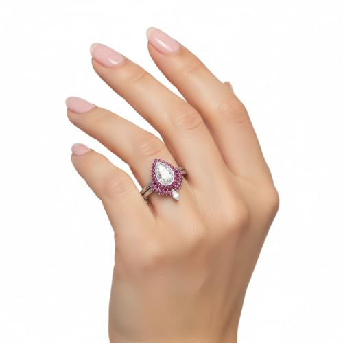 Image of 55Carat Choose Your Gemstone Bezel Pear Shape Halo CZ Diamond CZ Ring Sterling Silver Pear Shape Wedding Ring Sets Ornaments Surprise for Wife Symbol of Love Clarity Comfortable US Size 4 to 12