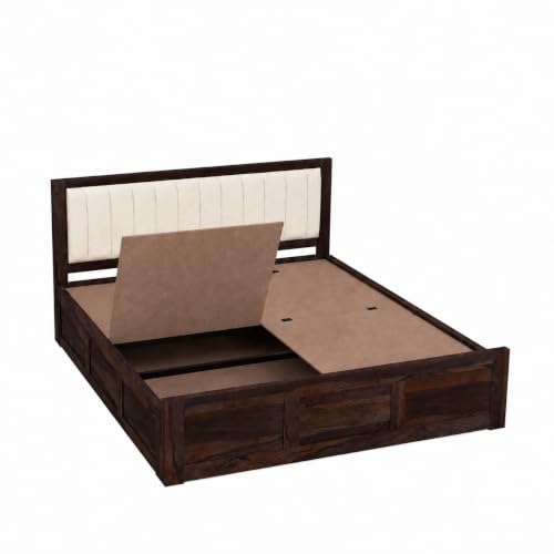 Image of SONA ART & CRAFTS Veronica Solid Sheesham Wood Bed Queen Size with Storage Box + 2 Side Tables | Wooden Bed Queen Size Cot | Upholstered Beds | Double Bed with Storage Box - Walnut Finish