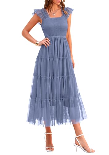 PRETTYGARDEN Women's Summer Tulle Midi Dress Sleeveless Smocked Ruffle Mesh Flowy Dresses Party Wedding Guest Sundress