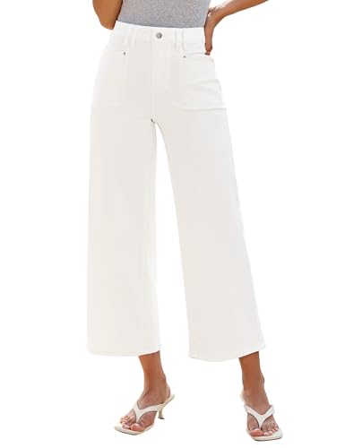 luvamia Wide Leg Jeans Woman Cropped Trendy Patch Pocket High Waisted 2026 Baggy Loose Straight Leg Stretchy Denim Pants Cream White Jeans Women Cream White Size Medium Fits US Size 8-10