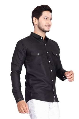 Image of Men's Cotton Spread Collar Full Sleeve Regular Fit Solid Casual Shirt with Double Pockets - Stylish Comfortable Shirt for Everyday Wear